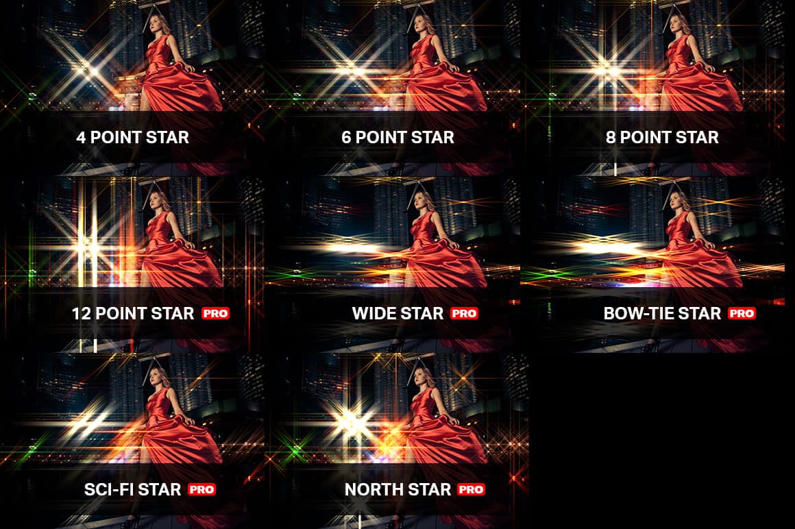 4 Point Star; 6 Point Star; 8 Point Star; 12 Point Star; Wide Star; Bow-Tie Star; Sc-Fi Star; North Star
